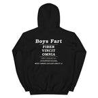Black hoodie with white text on the back that says Boys Fart, Fiber Vincit Omnia, Fiber Conquers All