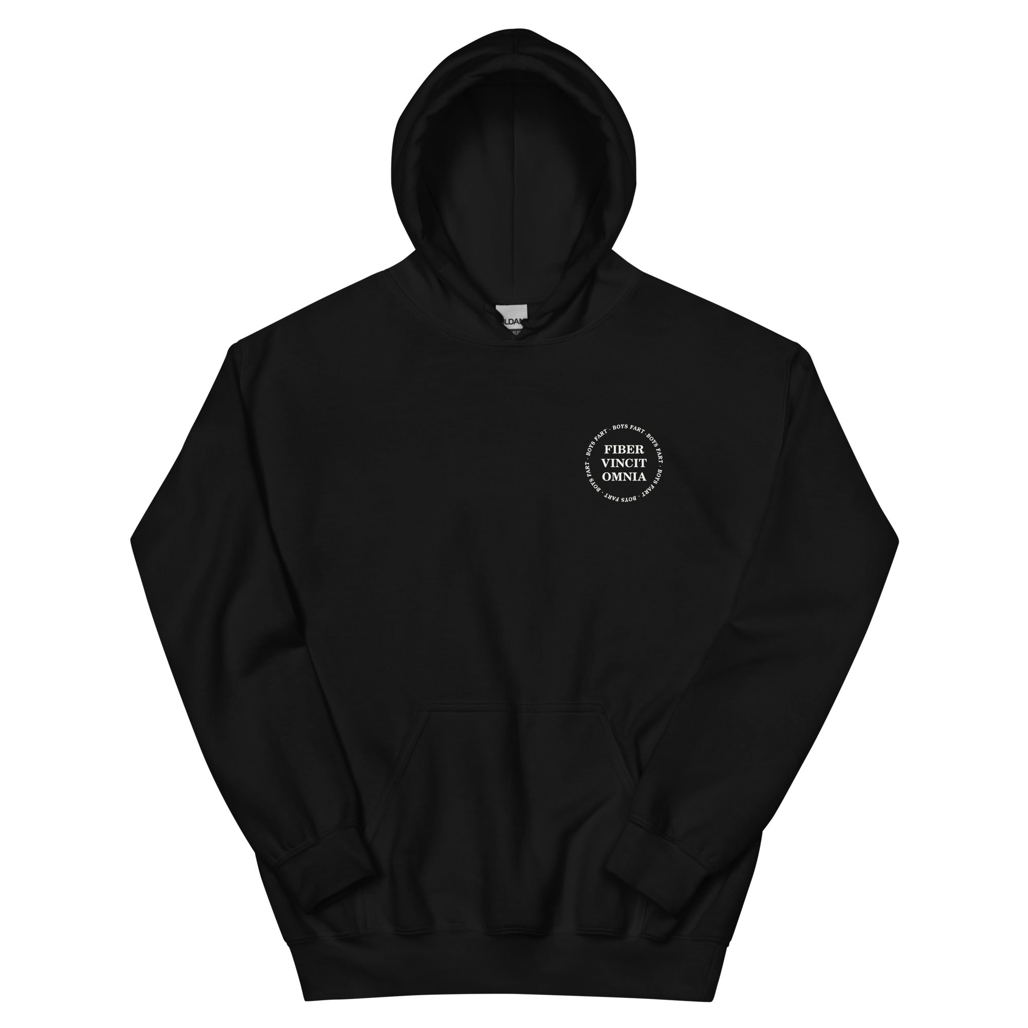 Black hoodie with a small logo on the chest saying Fiber Vincit Omnia with Boys Fart encircling