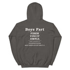 Navy hoodie with white text on the back that says Boys Fart, Fiber Vincit Omnia, Fiber Conquers All