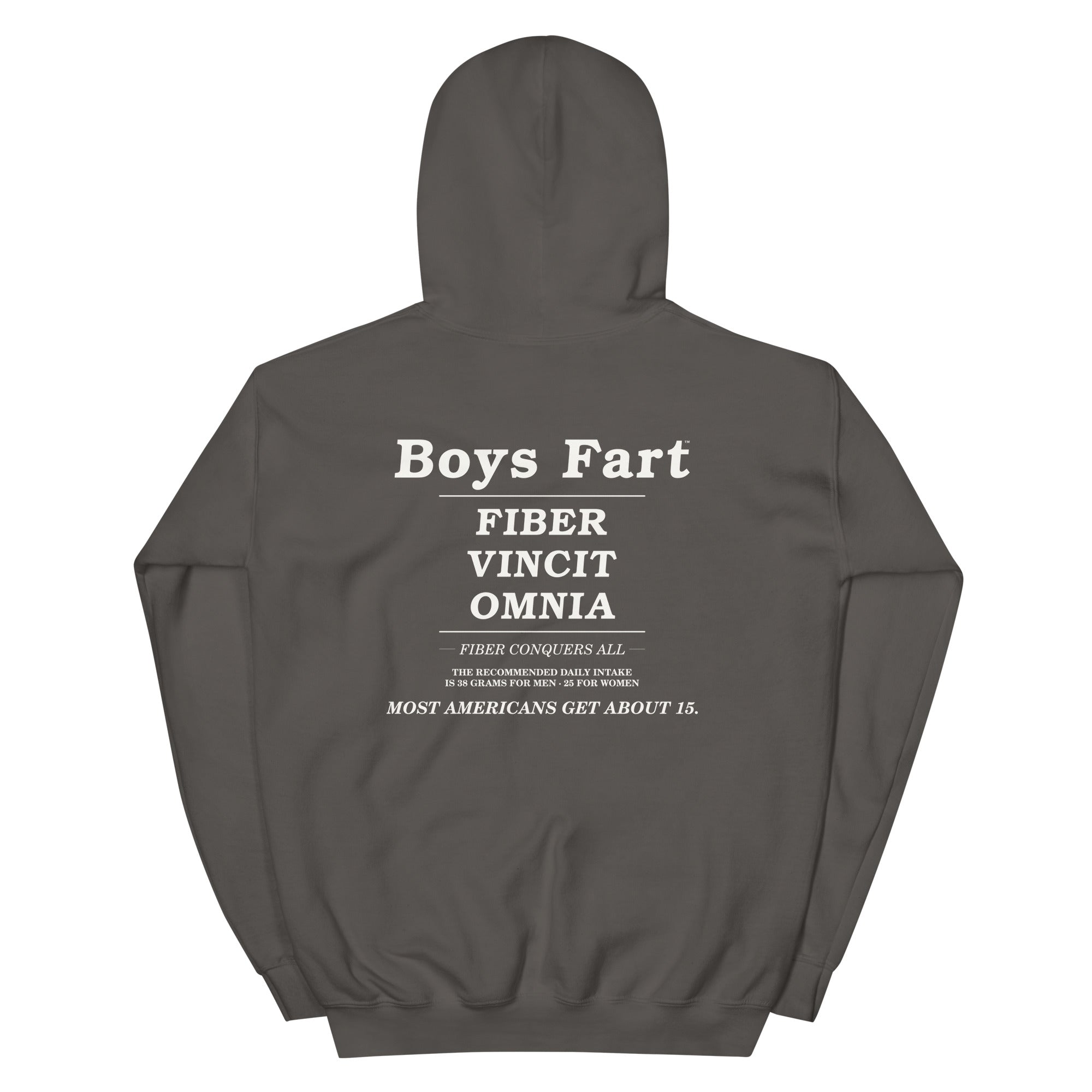 Navy hoodie with white text on the back that says Boys Fart, Fiber Vincit Omnia, Fiber Conquers All