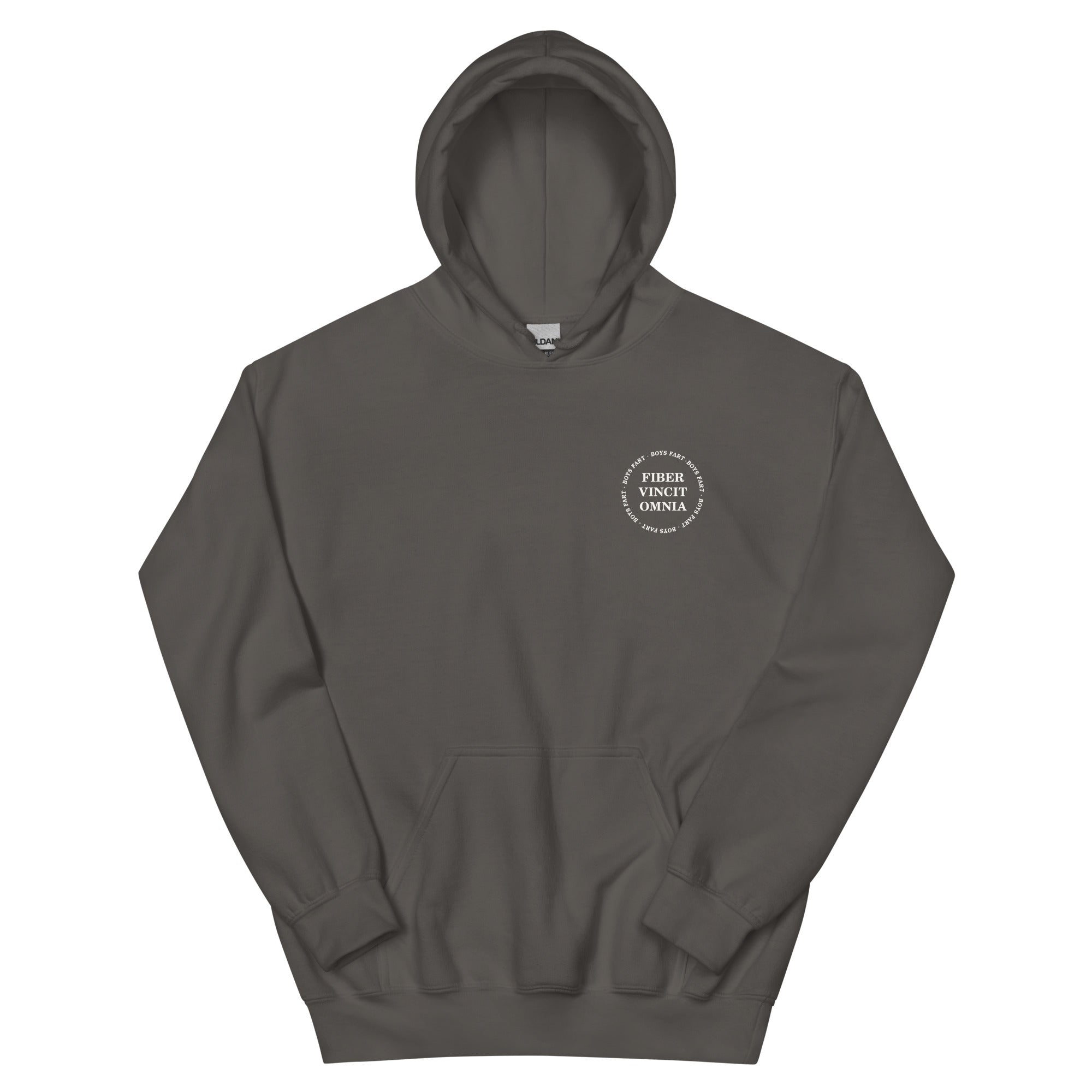 Grey hoodie with a small logo on the chest saying Fiber Vincit Omnia with Boys Fart encircling