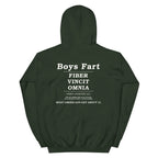 Dark green hoodie with white text on the back that says Boys Fart, Fiber Vincit Omnia, Fiber Conquers All