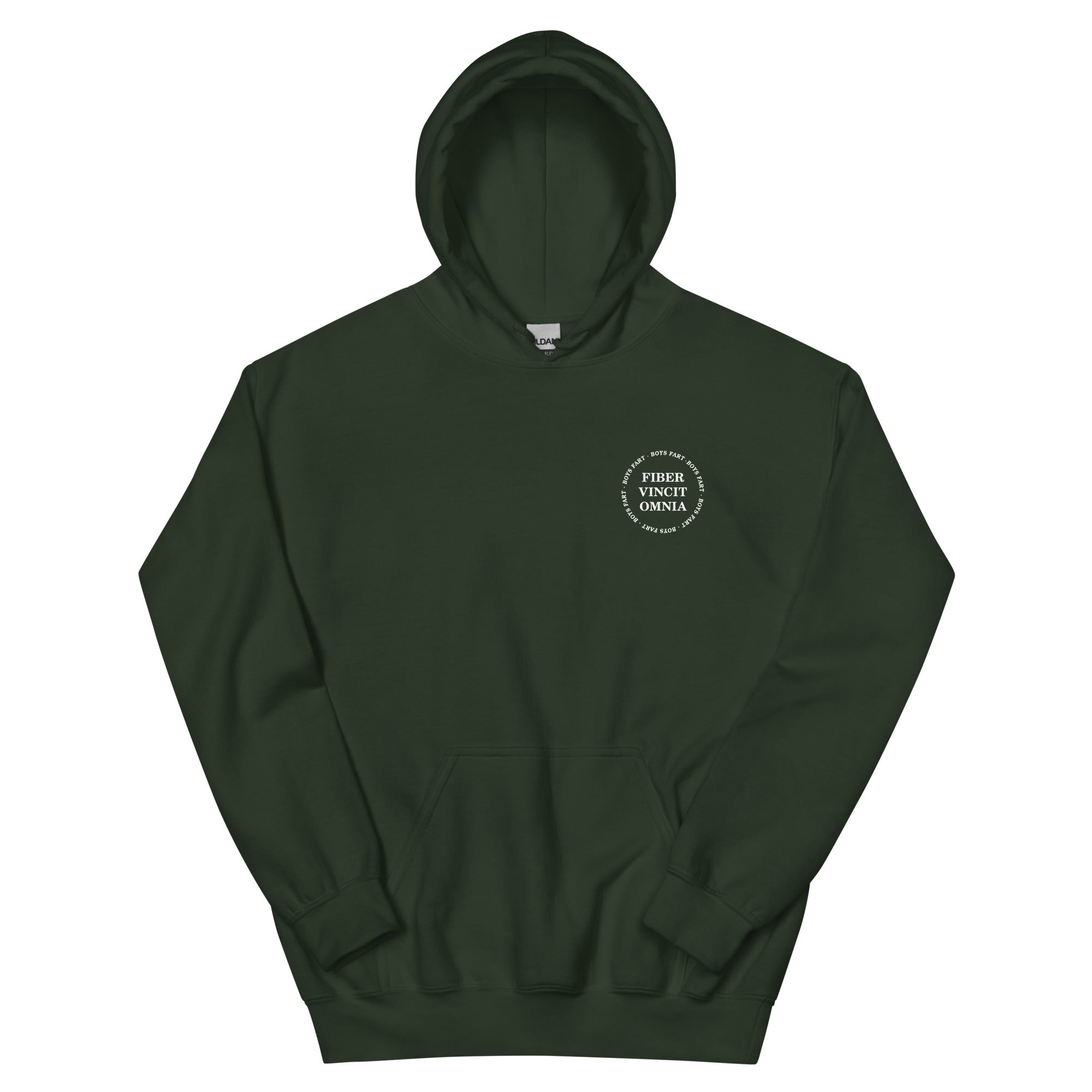 Green hoodie with a small logo on the chest saying Fiber Vincit Omnia with Boys Fart encircling