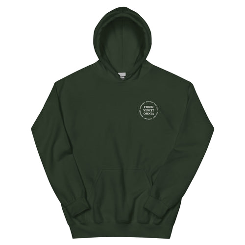 Green hoodie with a small logo on the chest saying Fiber Vincit Omnia with Boys Fart encircling
