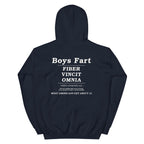 Navy hoodie with white text on the back that says Boys Fart, Fiber Vincit Omnia, Fiber Conquers All
