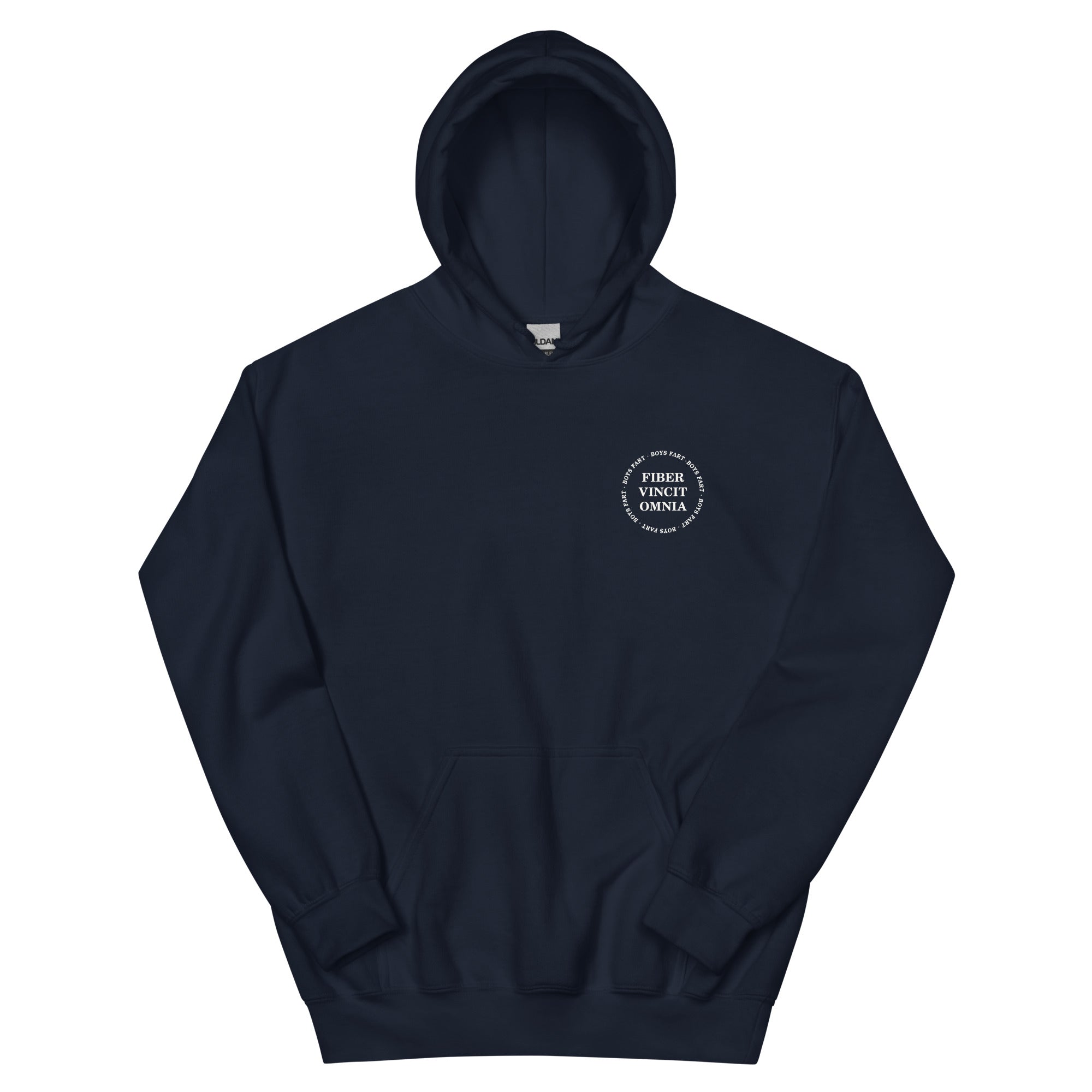Navy hoodie with a small logo on the chest saying Fiber Vincit Omnia with Boys Fart encircling